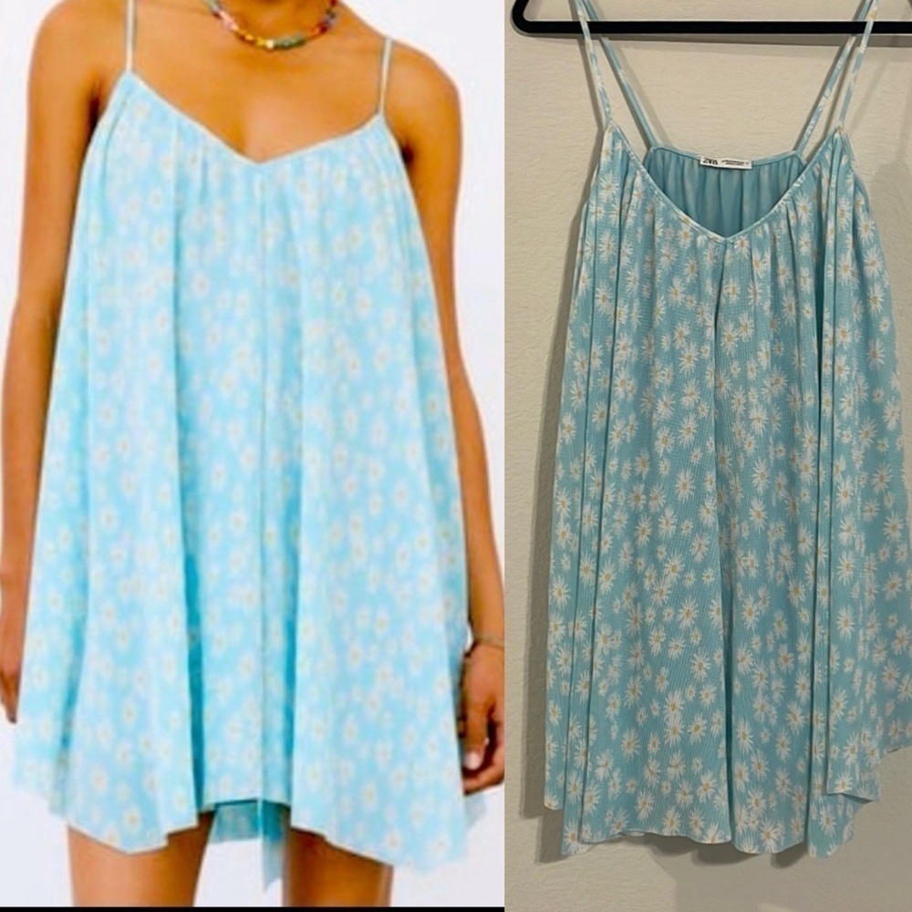 Zara Women’s Mini Swing Mini Dress Medium Blue Ditsy Floral Flowy BabyDoll
